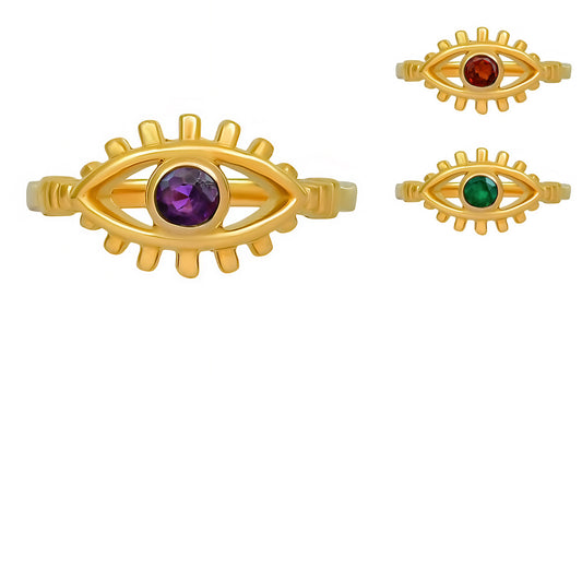 18K Gold Plated Brass Eye Design Gemstone Ring – Boho Statement Style TGR1046 RM-1773
