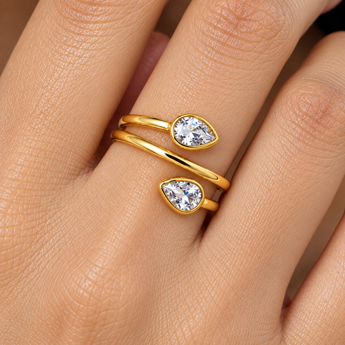 18K Gold Plated Double Teardrop Gemstone Adjustable Spiral Wrap Ring TGR1069