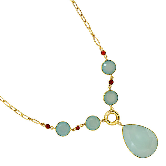 18K Gold Over Brass Aqua Chalcedony and Garnet Necklace Earrings Set TT01002