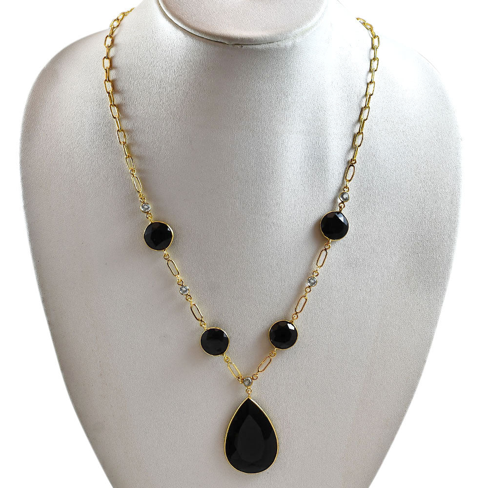 18K Gold Plated Black Onyx and Sky Blue Topaz Necklace Earrings Set TT01003