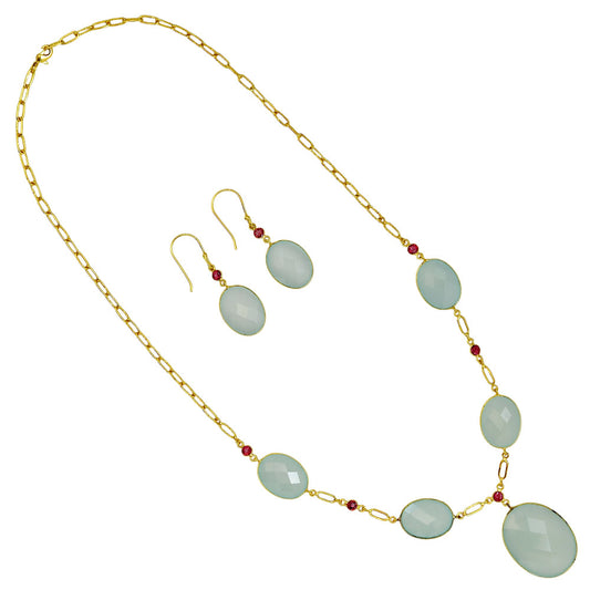 18K Gold Plated Aqua Chalcedony and Garnet Necklace Earrings Set TT01004