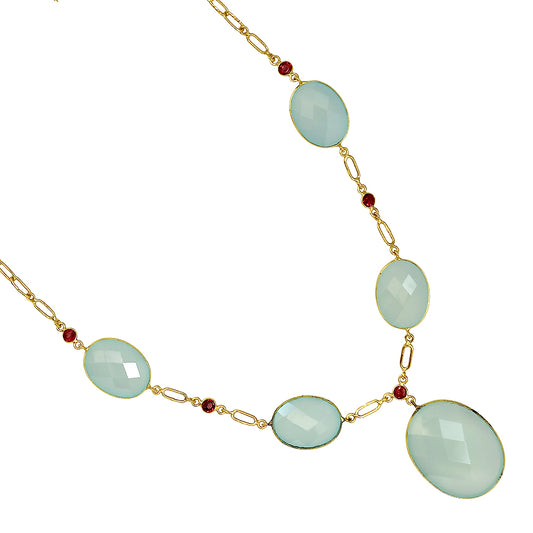 18K Gold Over Brass Aqua Chalcedony and Garnet Necklace Earrings Set TT01004