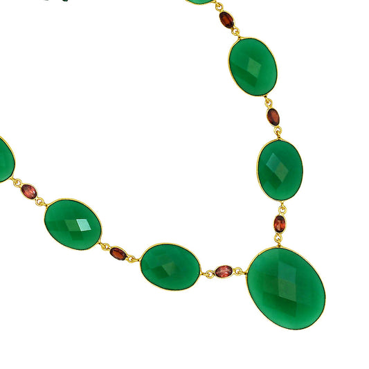 18K Gold Over Brass Green Onyx and Garnet Necklace Earrings Set TT01005