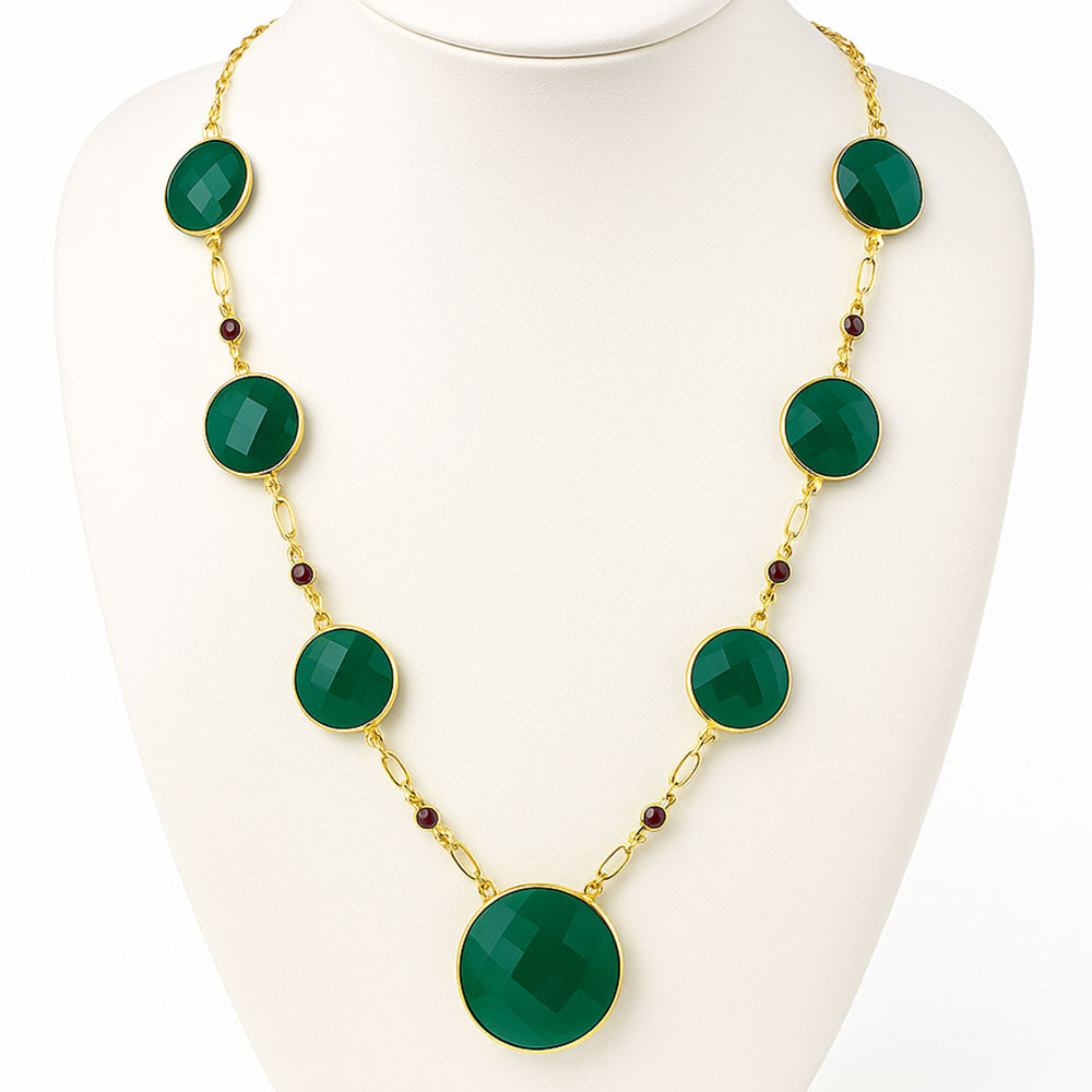 18K Gold Plated Green Onyx and Garnet Necklace Earrings Set TT01006
