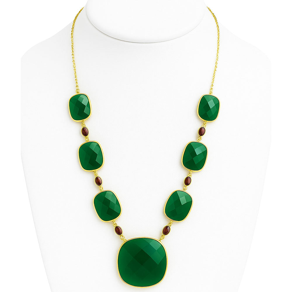 18K Gold Plated Green Onyx and Garnet Necklace Earrings Set TT01007