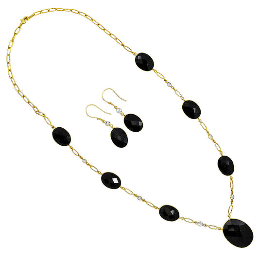 18K Gold Plated Black Onyx and White Quartz Necklace Earrings Set TT01008