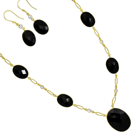 18K Gold Over Brass Black Onyx and White Quartz Necklace Earrings Set TT01008