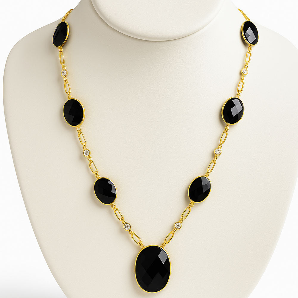 18K Gold Plated Black Onyx and White Quartz Necklace Earrings Set TT01008