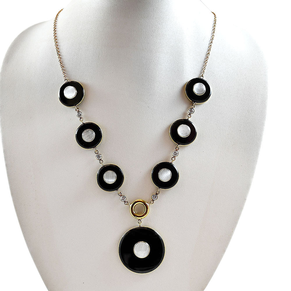 18K Gold Plated Black Onyx, Moonstone & Zircon Necklace Earrings Set TT01010
