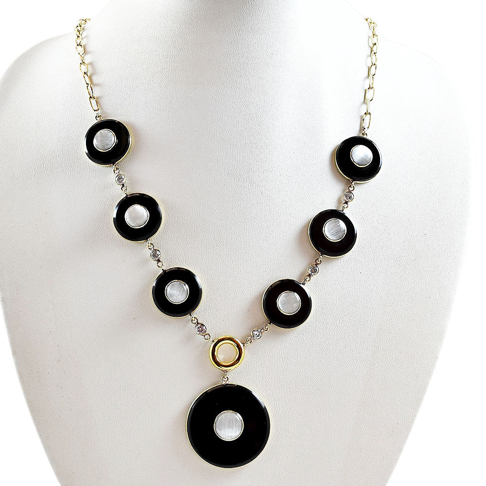 18K Gold Plated Black Onyx, Moonstone & Zircon Necklace Earrings Set TT01012