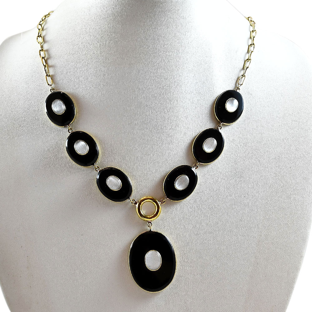 18K Gold Plated Black Onyx and Rainbow Moonstone Necklace Earrings Set TT01013