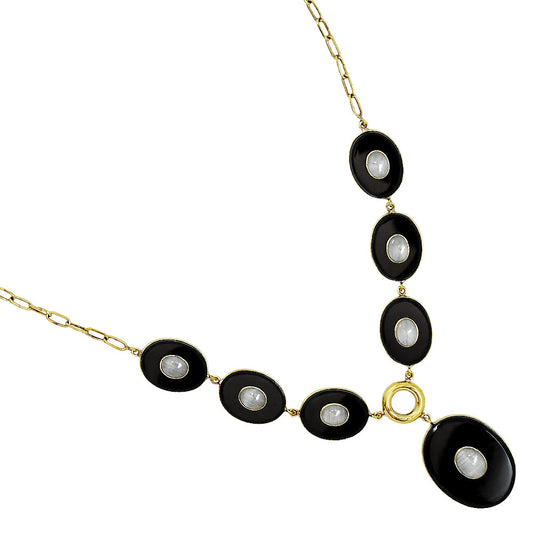 18K Gold Over Brass Black Onyx and Rainbow Moonstone Necklace Earrings Set TT01014