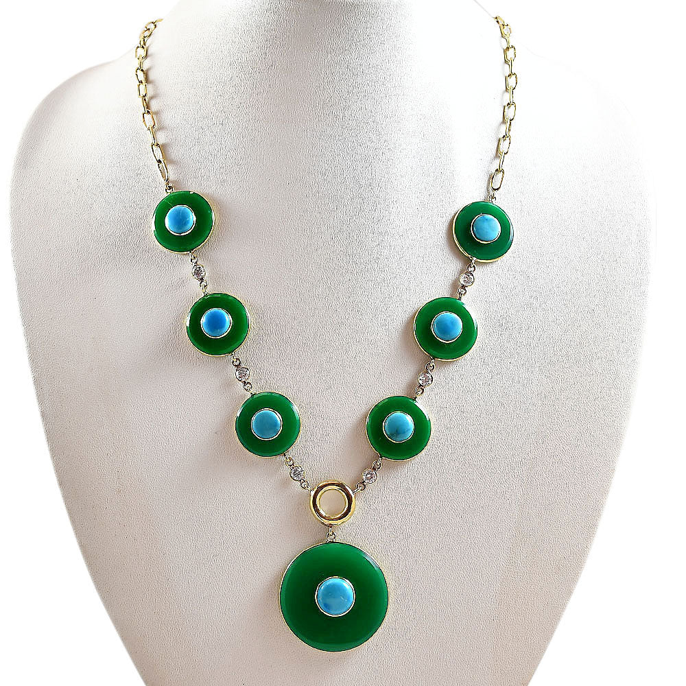 18K Gold Plated Green Onyx and Turquoise Necklace Earrings Set TT01016