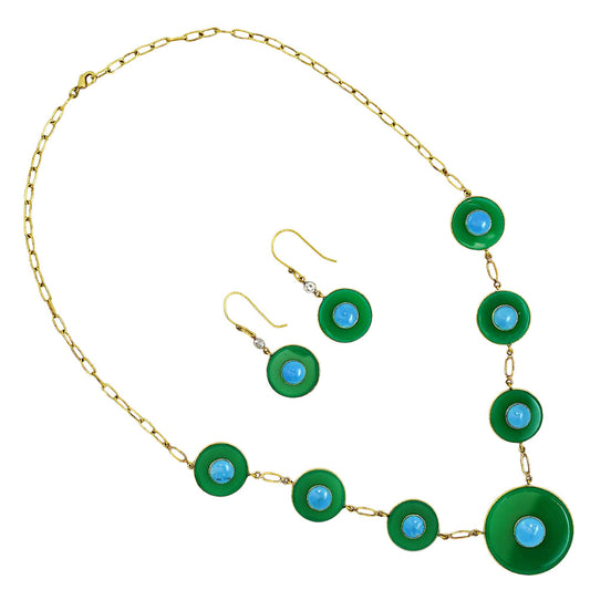18K Gold Plated Green Onyx, Turquoise & Zircon Necklace Earrings Set TT01017