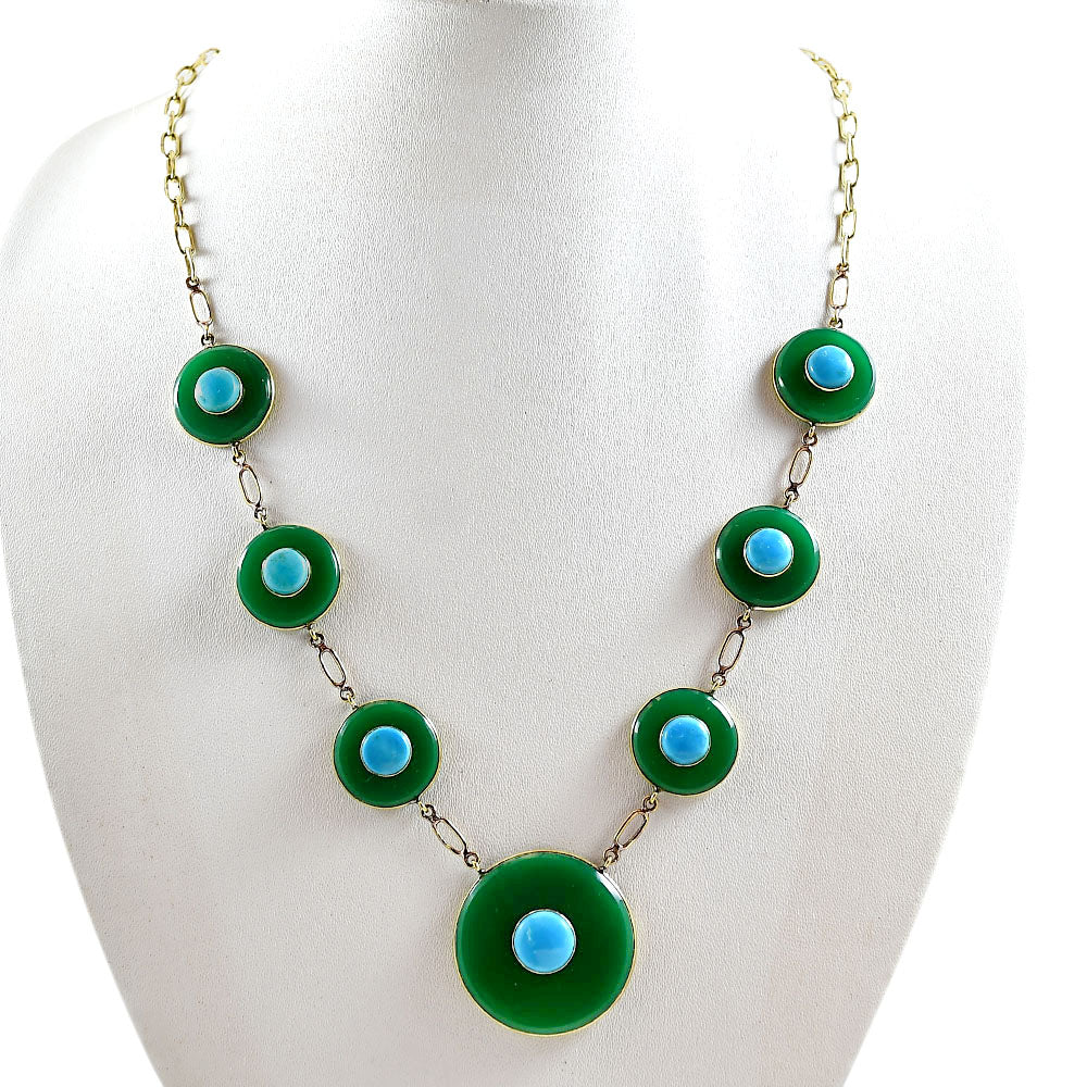 18K Gold Plated Green Onyx, Turquoise & Zircon Necklace Earrings Set TT01017