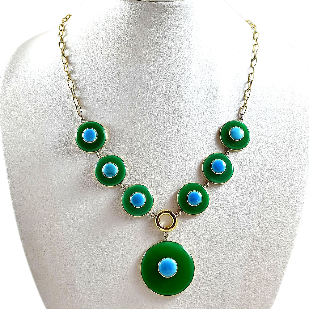 18K Gold Plated Green Onyx, Turquoise & Zircon Necklace Earrings Set TT01018