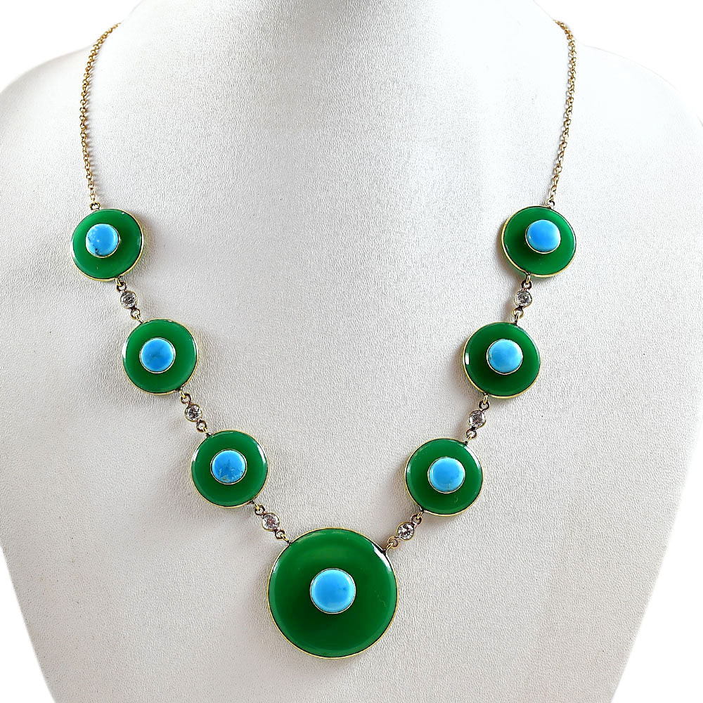 18K Gold Plated Green Onyx, Turquoise & Zircon Necklace Earrings Set TT01020