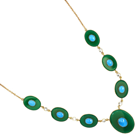 18K Gold Over Brass Green Onyx, Turquoise & Zircon Necklace Earrings Set TT01022
