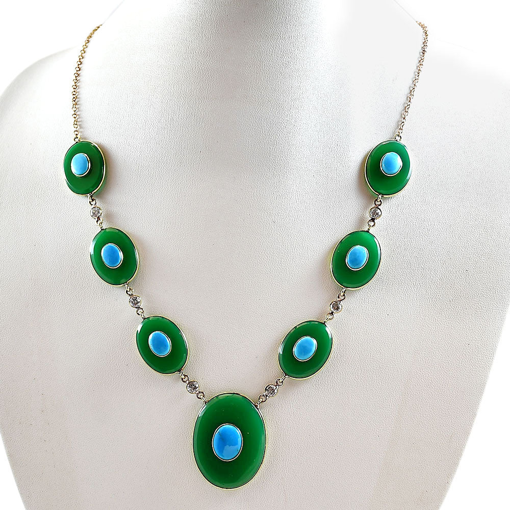 18K Gold Plated Green Onyx, Turquoise & Zircon Necklace Earrings Set TT01022