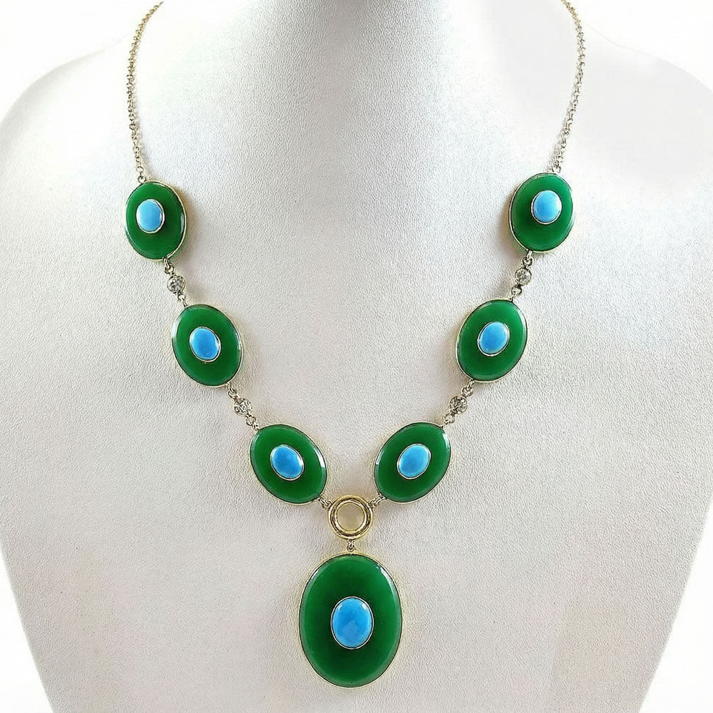 18K Gold Plated Green Onyx, Turquoise & Zircon Necklace Earrings Set TT01023