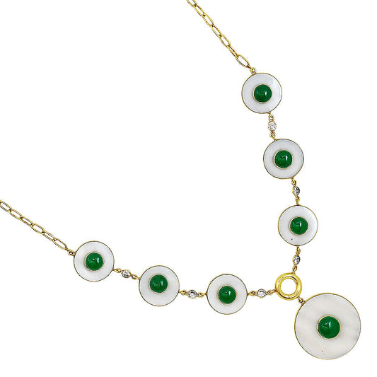18K Gold Over Brass Mother Of Pearl, Green Onyx & Zircon Necklace Earrings Set TT01024
