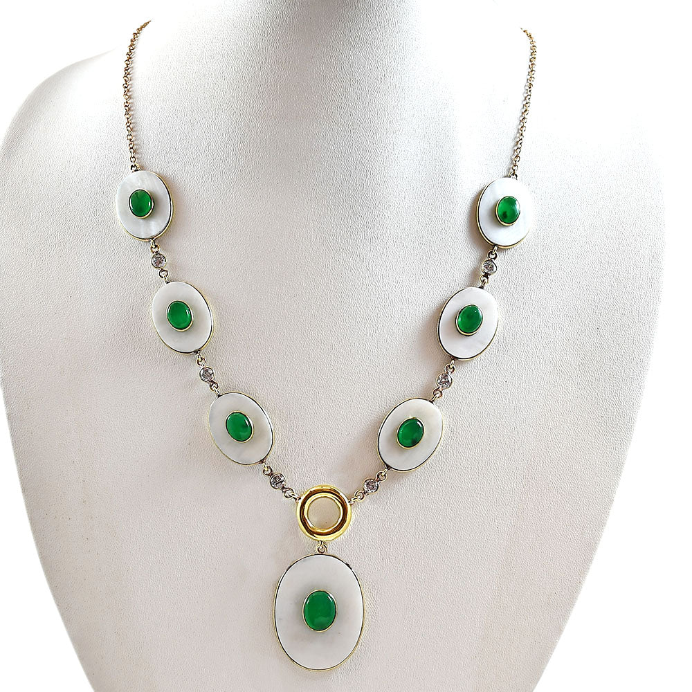 18K Gold Plated Mother Of Pearl, Green Onyx & Zircon Necklace Earrings Set TT01027