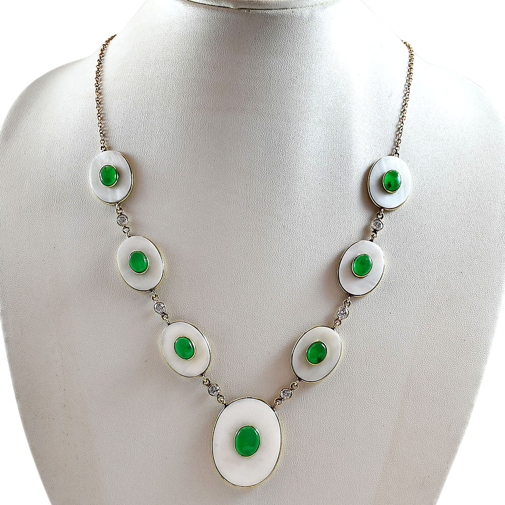 18K Gold Plated Mother Of Pearl, Green Onyx & Zircon Necklace Earrings Set TT01028