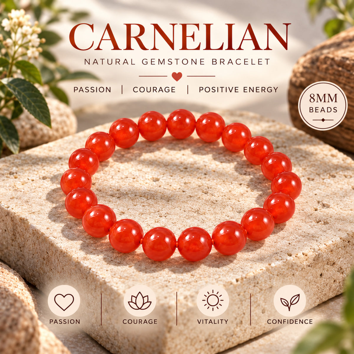 Natural Red Carnelian Unisex Bracelet for Courage, Confidence & Vitality UBB1005