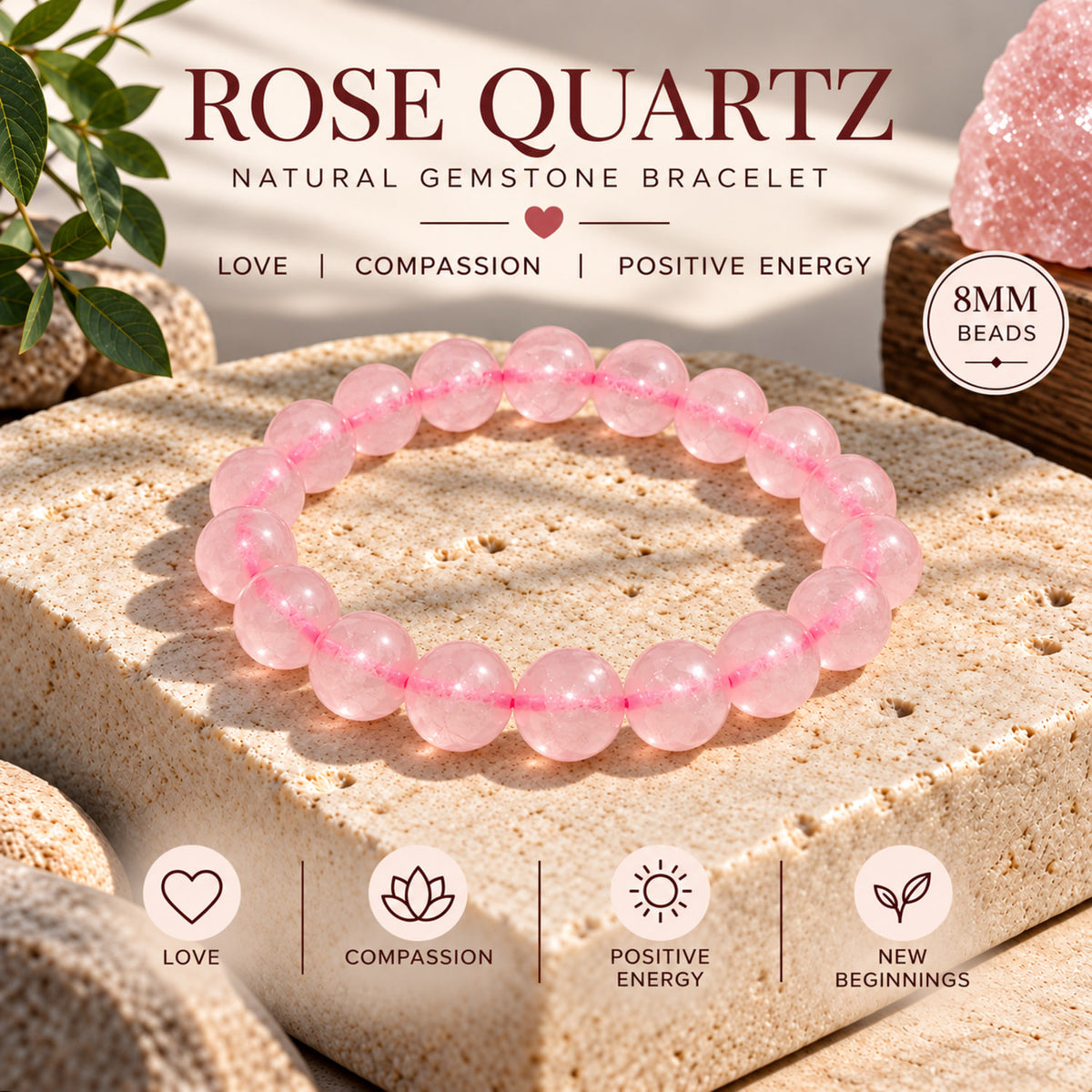 Natural Rose Quartz Unisex Bracelet for Love, Compassion & Emotional Healing UBB1006
