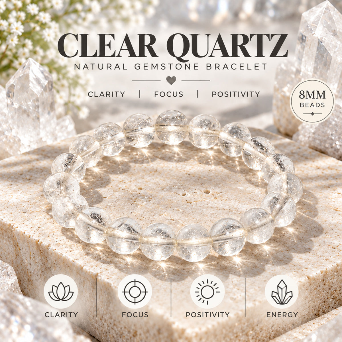 Natural Clear Quartz Unisex Bracelet for Clarity, Energy & Balance UBB1007