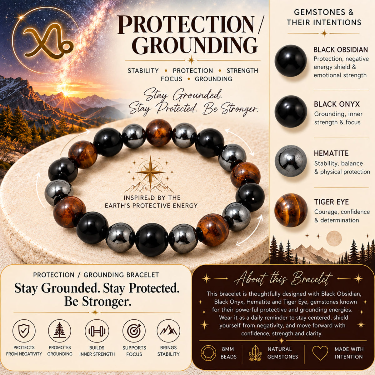 Natural Black Onyx Hematite & Tiger Eye Unisex Bracelet for Protection/Grounding UBB1012