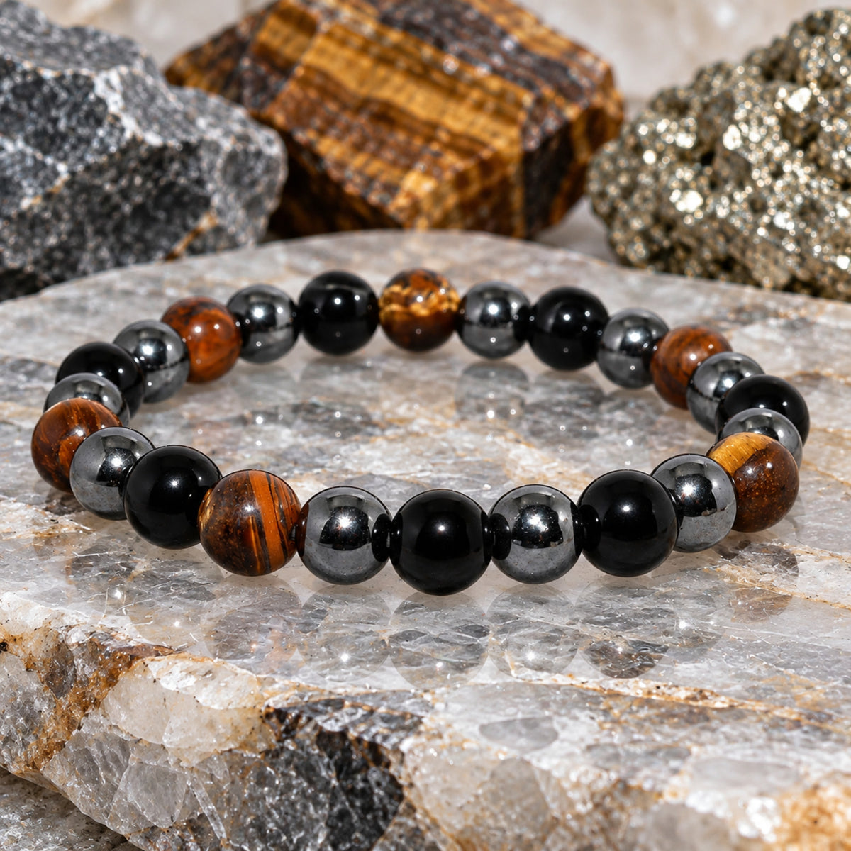 Natural Black Onyx Hematite & Tiger Eye Unisex Bracelet for Protection/Grounding UBB1012