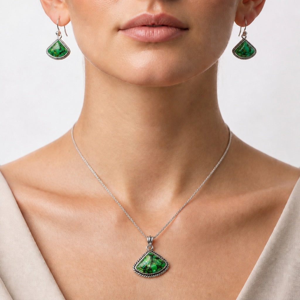 Green Matrix Turquoise Pendant Earrings Set T-1005 DGT01002