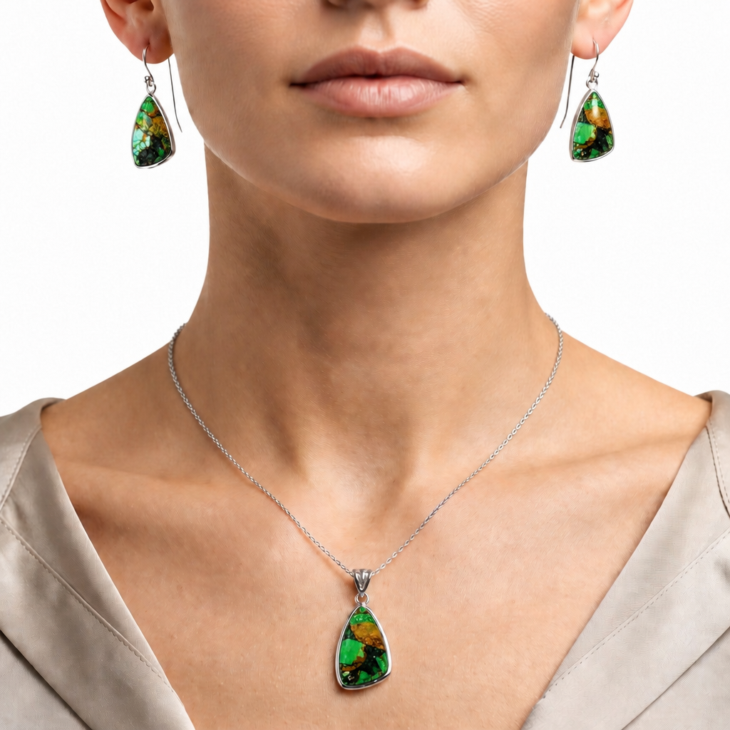 Green Matrix Turquoise Pendant Earrings Set T-1002 DGT01011