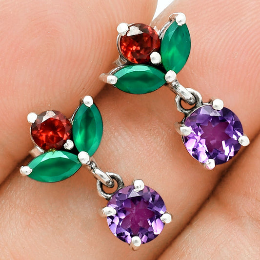 Premium Quality Amethyst, Garnet & Green Onyx Earrings E-1060 11-EE10051
