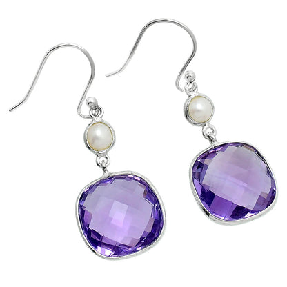 Premium Amethyst Checker Briolette & Pearl Earrings E-1006 11-EE10087