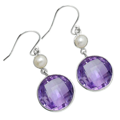 Premium Amethyst Checker Briolette & Pearl Earrings E-1002 11-EE10091