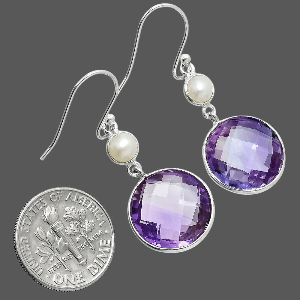 Premium Amethyst Checker Briolette & Pearl Earrings E-1002 11-EE10091
