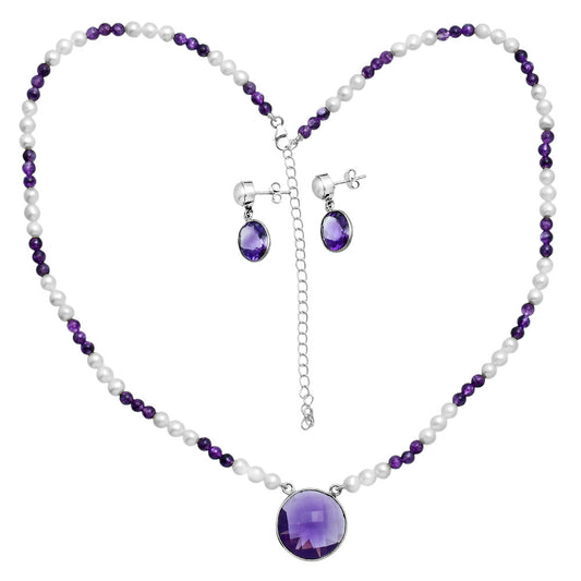 Premium Quality Amethyst Checker & Pearl Necklace Earrings Set N-1026 11-EG10001