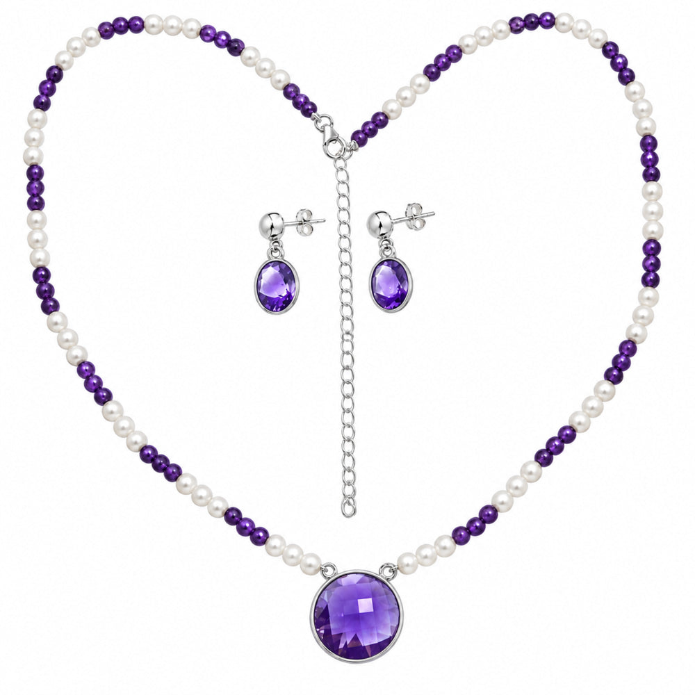 Premium Quality Amethyst Checker & Pearl Necklace Earrings Set N-1026 11-EG10001