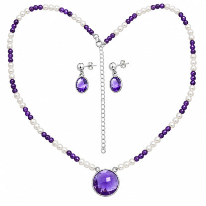 Premium Quality Amethyst Checker & Pearl Necklace Earrings Set N-1026 11-EG10001