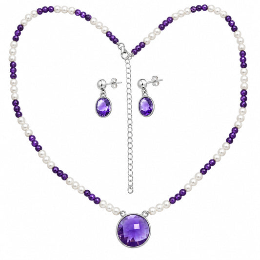 Premium Quality Amethyst Checker & Pearl Necklace Earrings Set N-1026 11-EG10001
