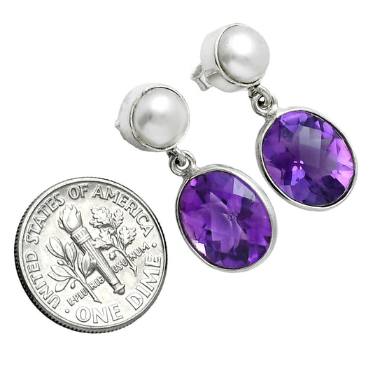 Premium Quality Amethyst Checker & Pearl Necklace Earrings Set N-1026 11-EG10001