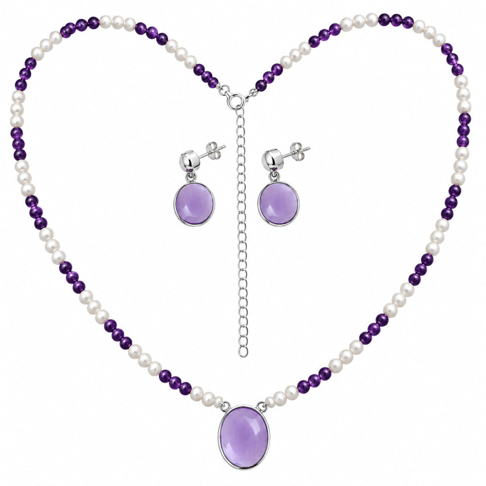 Premium Quality Amethyst Cab & Pearl Necklace Earrings Set N-1026 11-EG10002