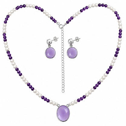 Premium Quality Amethyst Cab & Pearl Necklace Earrings Set N-1026 11-EG10002