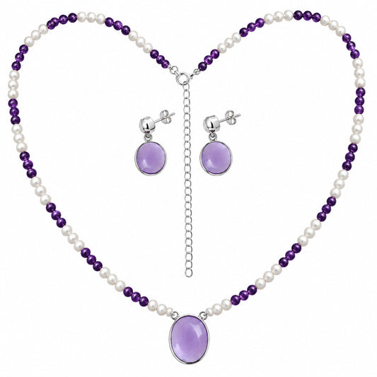 Premium Quality Amethyst Cab & Pearl Necklace Earrings Set N-1026 11-EG10002
