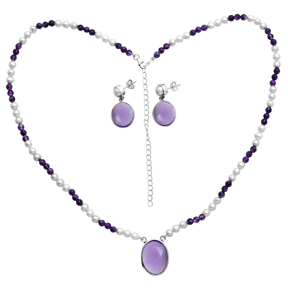 Premium Quality Amethyst Cab & Pearl Necklace Earrings Set N-1026 11-EG10002