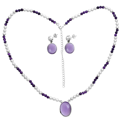 Premium Quality Amethyst Cab & Pearl Necklace Earrings Set N-1026 11-EG10002
