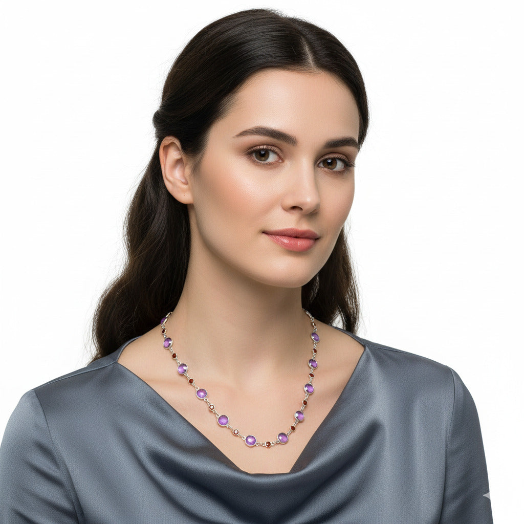 Premium Quality Amethyst Checker Briolette & Garnet Necklace N-1024 11-EN10006