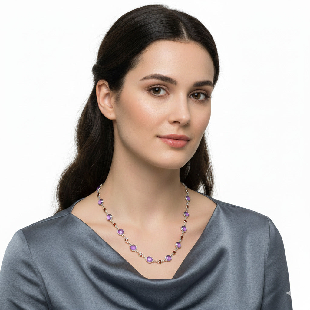 Premium Quality Amethyst Checker Briolette & Garnet Necklace N-1024 11-EN10007